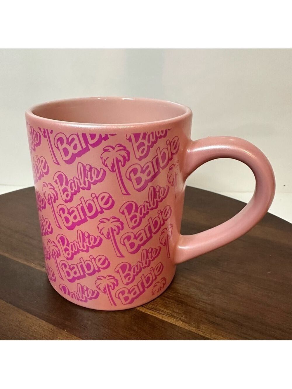 Barbie 2023 Mattel Pearlescent Pink Logo Palm Tree Ceramic Mug